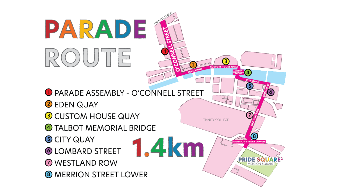 Colourful parade route map through Dublin city centre, passing key landmarks, highlighting vibrant community atmosphere.